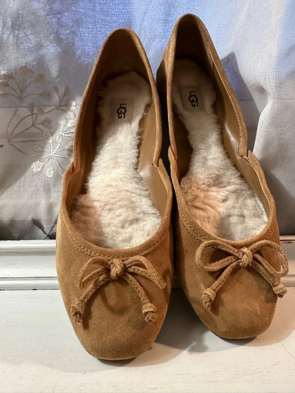 UGG Chestnut Suede Shearling Ballet Flats with Bow - Picture 10 of 11